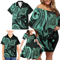 Hawaiian Manta Rays Family Matching Off Shoulder Short Dress and Hawaiian Shirt Tribal Hibiscus Polynesian Tattoos Turquoise Color LT03 - Polynesian Pride