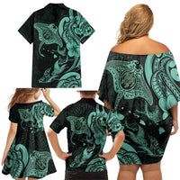 Hawaiian Manta Rays Family Matching Off Shoulder Short Dress and Hawaiian Shirt Tribal Hibiscus Polynesian Tattoos Turquoise Color LT03 - Polynesian Pride