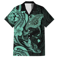 Hawaiian Manta Rays Family Matching Off Shoulder Short Dress and Hawaiian Shirt Tribal Hibiscus Polynesian Tattoos Turquoise Color LT03 Dad's Shirt - Short Sleeve Turquoise - Polynesian Pride