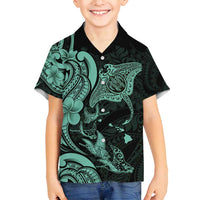 Hawaiian Manta Rays Family Matching Off Shoulder Short Dress and Hawaiian Shirt Tribal Hibiscus Polynesian Tattoos Turquoise Color LT03 Son's Shirt Turquoise - Polynesian Pride
