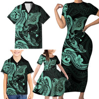 Hawaiian Manta Rays Family Matching Short Sleeve Bodycon Dress and Hawaiian Shirt Tribal Hibiscus Polynesian Tattoos Turquoise Color LT03 - Polynesian Pride