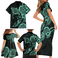 Hawaiian Manta Rays Family Matching Short Sleeve Bodycon Dress and Hawaiian Shirt Tribal Hibiscus Polynesian Tattoos Turquoise Color LT03 - Polynesian Pride