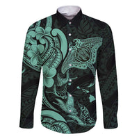 Hawaiian Manta Rays Family Matching Short Sleeve Bodycon Dress and Hawaiian Shirt Tribal Hibiscus Polynesian Tattoos Turquoise Color LT03 Dad's Shirt - Long Sleeve Turquoise - Polynesian Pride