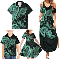 Hawaiian Manta Rays Family Matching Summer Maxi Dress and Hawaiian Shirt Tribal Hibiscus Polynesian Tattoos Turquoise Color LT03 - Polynesian Pride