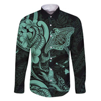 Hawaiian Manta Rays Family Matching Tank Maxi Dress and Hawaiian Shirt Tribal Hibiscus Polynesian Tattoos Turquoise Color LT03 Dad's Shirt - Long Sleeve Turquoise - Polynesian Pride