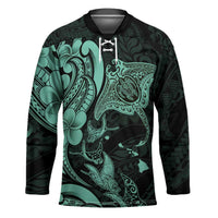 Hawaiian Manta Rays Hockey Jersey Tribal Hibiscus Polynesian Tattoos Turquoise Color - Polynesian Pride