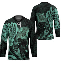 Hawaiian Manta Rays Hockey Jersey Tribal Hibiscus Polynesian Tattoos Turquoise Color - Polynesian Pride
