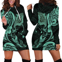 Hawaiian Manta Rays Hoodie Dress Tribal Hibiscus Polynesian Tattoos Turquoise Color - Polynesian Pride