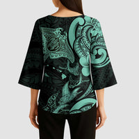 Hawaiian Manta Rays Kimono Sleeve Blouse Tribal Hibiscus Polynesian Tattoos Turquoise Color - Polynesian Pride