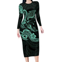 Hawaiian Manta Rays Long Sleeve Bodycon Dress Tribal Hibiscus Polynesian Tattoos Turquoise Color - Polynesian Pride