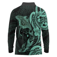 Hawaiian Manta Rays Long Sleeve Polo Shirt Tribal Hibiscus Polynesian Tattoos Turquoise Color - Polynesian Pride