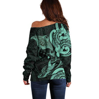 Hawaiian Manta Rays Off Shoulder Sweater Tribal Hibiscus Polynesian Tattoos Turquoise Color - Polynesian Pride