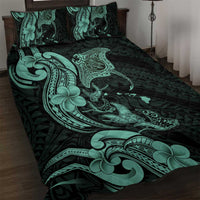 Hawaiian Manta Rays Quilt Bed Set Tribal Hibiscus Polynesian Tattoos Turquoise Color - Polynesian Pride