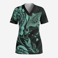 Hawaiian Manta Rays Scrub Top Tribal Hibiscus Polynesian Tattoos Turquoise Color - Polynesian Pride