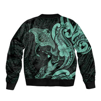 Hawaiian Manta Rays Sleeve Zip Bomber Jacket Tribal Hibiscus Polynesian Tattoos Turquoise Color - Polynesian Pride