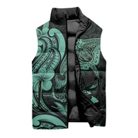 Hawaiian Manta Rays Sleeveless Puffer Jacket Tribal Hibiscus Polynesian Tattoos Turquoise Color - Polynesian Pride