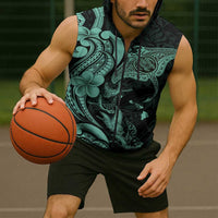 Hawaiian Manta Rays Sleeveless Zip Hoodie Tribal Hibiscus Polynesian Tattoos Turquoise Color - Polynesian Pride