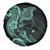 Hawaiian Manta Rays Spare Tire Cover Tribal Hibiscus Polynesian Tattoos Turquoise Color - Polynesian Pride
