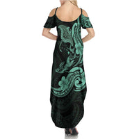 Hawaiian Manta Rays Summer Maxi Dress Tribal Hibiscus Polynesian Tattoos Turquoise Color - Polynesian Pride
