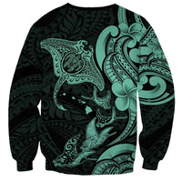 Hawaiian Manta Rays Sweatshirt Tribal Hibiscus Polynesian Tattoos Turquoise Color - Polynesian Pride