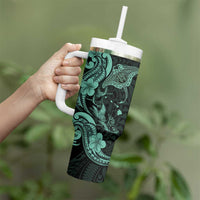 Hawaiian Manta Rays Tumbler With Handle Tribal Hibiscus Polynesian Tattoos Turquoise Color - Polynesian Pride
