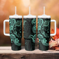 Hawaiian Manta Rays Tumbler With Handle Tribal Hibiscus Polynesian Tattoos Turquoise Color - Polynesian Pride