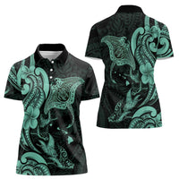 Hawaiian Manta Rays Women Polo Shirt Tribal Hibiscus Polynesian Tattoos Turquoise Color - Polynesian Pride
