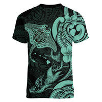 Hawaiian Manta Rays Women V-Neck T-Shirt Tribal Hibiscus Polynesian Tattoos Turquoise Color LT03 - Polynesian Pride