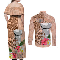 Guam Seal and Latte Stone With Ethnic Tapa Pattern Couples Matching Off Shoulder Maxi Dress and Long Sleeve Button Shirt Peach Fuzz Color LT03 - Polynesian Pride