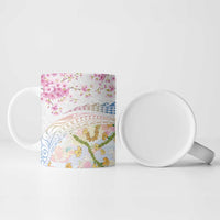 Hawaiian and Japanese Culture Together Ceramic Mug Tribal Motifs with Lei and Japanese Sakura Pattern
