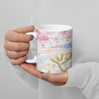 Hawaiian and Japanese Culture Together Ceramic Mug Tribal Motifs with Lei and Japanese Sakura Pattern