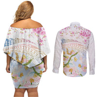 Hawaiian and Japanese Culture Together Couples Matching Off Shoulder Short Dress and Long Sleeve Button Shirt Tribal Motifs with Lei and Japanese Sakura Pattern LT03 - Polynesian Pride