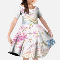 Hawaiian and Japanese Culture Together Family Matching Mermaid Dress and Hawaiian Shirt Tribal Motifs with Lei and Japanese Sakura Pattern LT03 Daughter's Dress White - Polynesian Pride