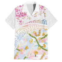 Hawaiian and Japanese Culture Together Family Matching Tank Maxi Dress and Hawaiian Shirt Tribal Motifs with Lei and Japanese Sakura Pattern LT03 Dad's Shirt - Short Sleeve White - Polynesian Pride