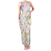 Hawaiian and Japanese Culture Together Family Matching Tank Maxi Dress and Hawaiian Shirt Tribal Motifs with Lei and Japanese Sakura Pattern LT03 Mom's Dress White - Polynesian Pride
