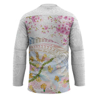 Hawaiian and Japanese Culture Together Hockey Jersey Tribal Motifs with Lei and Japanese Sakura Pattern