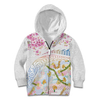Hawaiian and Japanese Culture Together Kid Hoodie Tribal Motifs with Lei and Japanese Sakura Pattern LT03 Zip Hoodie White - Polynesian Pride