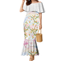 Hawaiian and Japanese Culture Together Mermaid Dress Tribal Motifs with Lei and Japanese Sakura Pattern LT03 Women White - Polynesian Pride