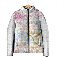 Hawaiian and Japanese Culture Together Padded Jacket Tribal Motifs with Lei and Japanese Sakura Pattern