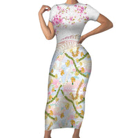 Hawaiian and Japanese Culture Together Short Sleeve Bodycon Dress Tribal Motifs with Lei and Japanese Sakura Pattern LT03 Long Dress White - Polynesian Pride