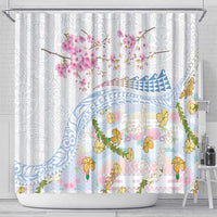 Hawaiian and Japanese Culture Together Shower Curtain Tribal Motifs with Lei and Japanese Sakura Pattern LT03 - Polynesian Pride