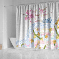 Hawaiian and Japanese Culture Together Shower Curtain Tribal Motifs with Lei and Japanese Sakura Pattern LT03 - Polynesian Pride