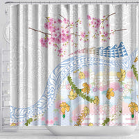 Hawaiian and Japanese Culture Together Shower Curtain Tribal Motifs with Lei and Japanese Sakura Pattern LT03 - Polynesian Pride