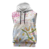Hawaiian and Japanese Culture Together Sleeveless Hoodie Tribal Motifs with Lei and Japanese Sakura Pattern LT03 White - Polynesian Pride