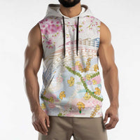 Hawaiian and Japanese Culture Together Sleeveless Hoodie Tribal Motifs with Lei and Japanese Sakura Pattern LT03 - Polynesian Pride