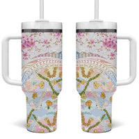Hawaiian and Japanese Culture Together Tumbler With Handle Tribal Motifs with Lei and Japanese Sakura Pattern LT03 One Size: 40 oz White - Polynesian Pride