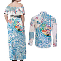 Hawaiian and Japanese Culture Together Couples Matching Off Shoulder Maxi Dress and Long Sleeve Button Shirt Tropical Honu with Japanese Elements Blue Color LT03 - Polynesian Pride