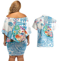 Hawaiian and Japanese Culture Together Couples Matching Off Shoulder Short Dress and Hawaiian Shirt Tropical Honu with Japanese Elements Blue Color LT03 - Polynesian Pride