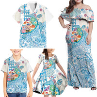 Hawaiian and Japanese Culture Together Family Matching Off Shoulder Maxi Dress and Hawaiian Shirt Tropical Honu with Japanese Elements Blue Color LT03 - Polynesian Pride