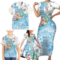Hawaiian and Japanese Culture Together Family Matching Short Sleeve Bodycon Dress and Hawaiian Shirt Tropical Honu with Japanese Elements Blue Color LT03 - Polynesian Pride